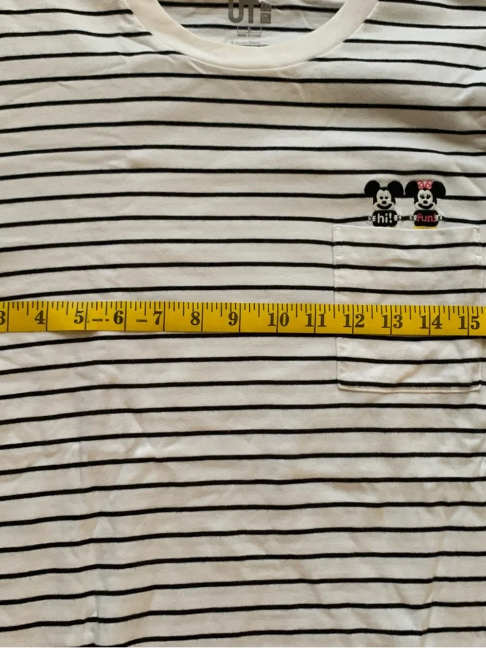 Uniqlo White & Black Striped Pocket Tee with Mickey & Minnie Embroidery - Picture 9 of 11